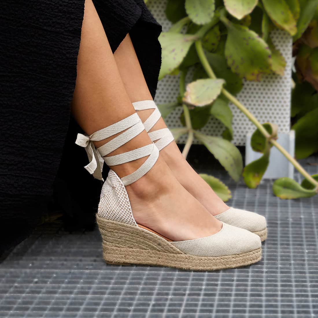 Alpargatas Cuña Mujer Cintas Lino Natural