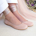 Nude Suede Ballet Flats with Bows and Ankle Straps