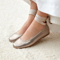 Gold Leather Ballet Flats with Bows and Straps