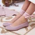 Pale Pink Leather Ballet Flats with Bows and Straps