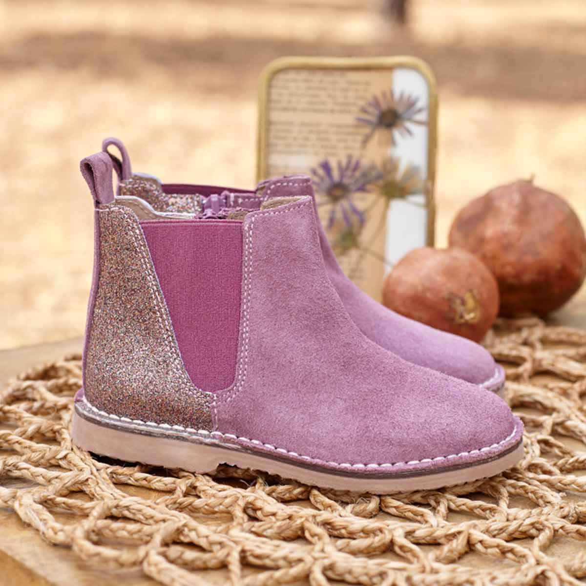 Botas Niña Serraje y Glitter Rosa
