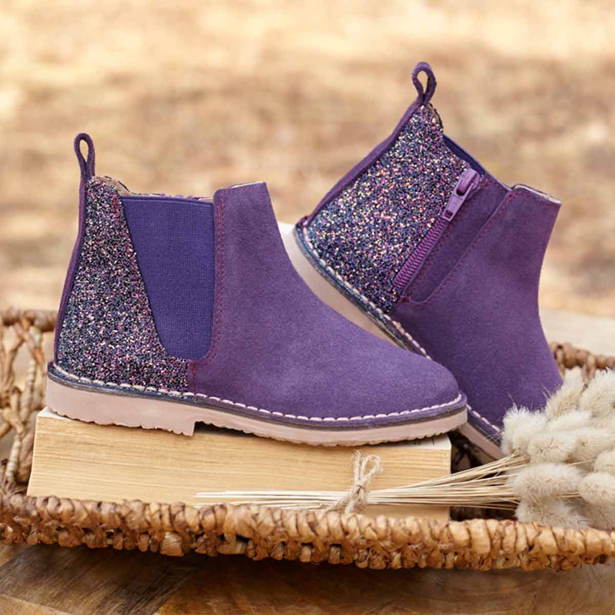 Botas Niña Serraje y Glitter Moradas
