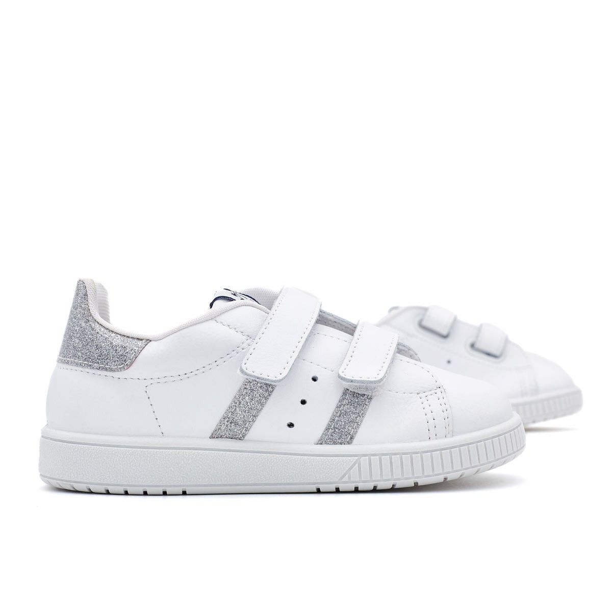 Zapatillas Blancas Tira Adherente Rayas Plata Titanitos