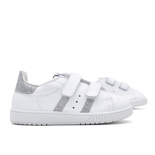 Zapatillas Blancas Tira Adherente Rayas Plata Titanitos