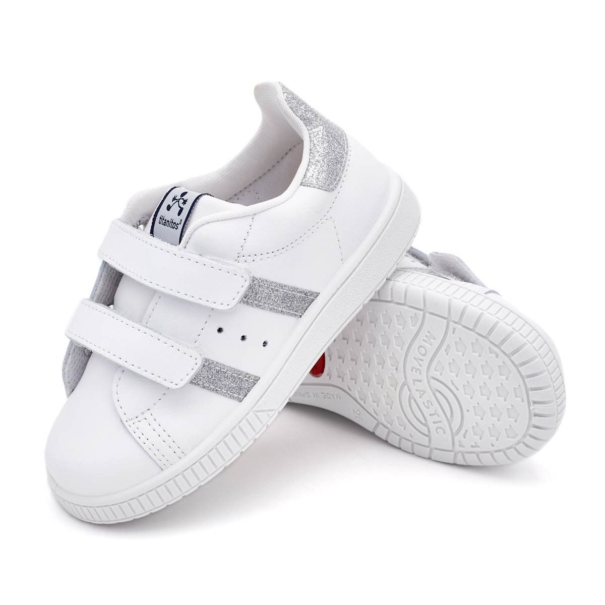 Zapatillas Blancas Tira Adherente Rayas Plata Titanitos
