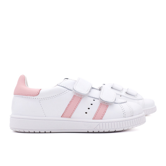 Zapatillas Blancas Tira Adherente Rayas Rosa Titanitos