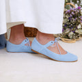 Girl's Suede Mary Janes with Laces in Dusty Blue