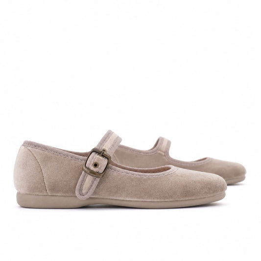 Beige Velvet Mary Janes for Girls