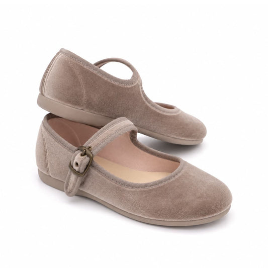 Beige Velvet Mary Janes for Girls